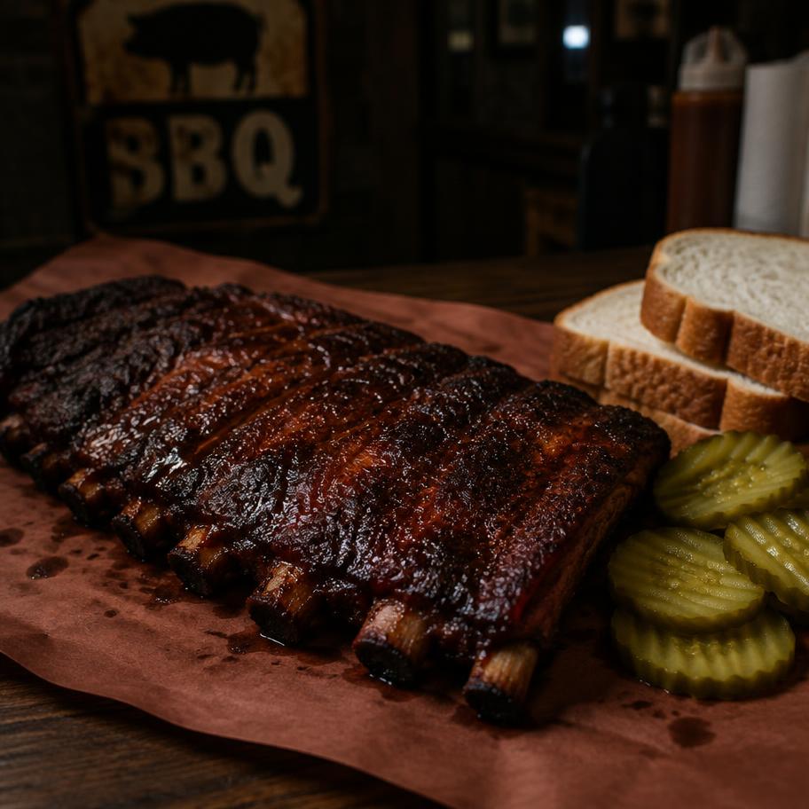 Rack of smoked pork ribs with pickles and white bread
