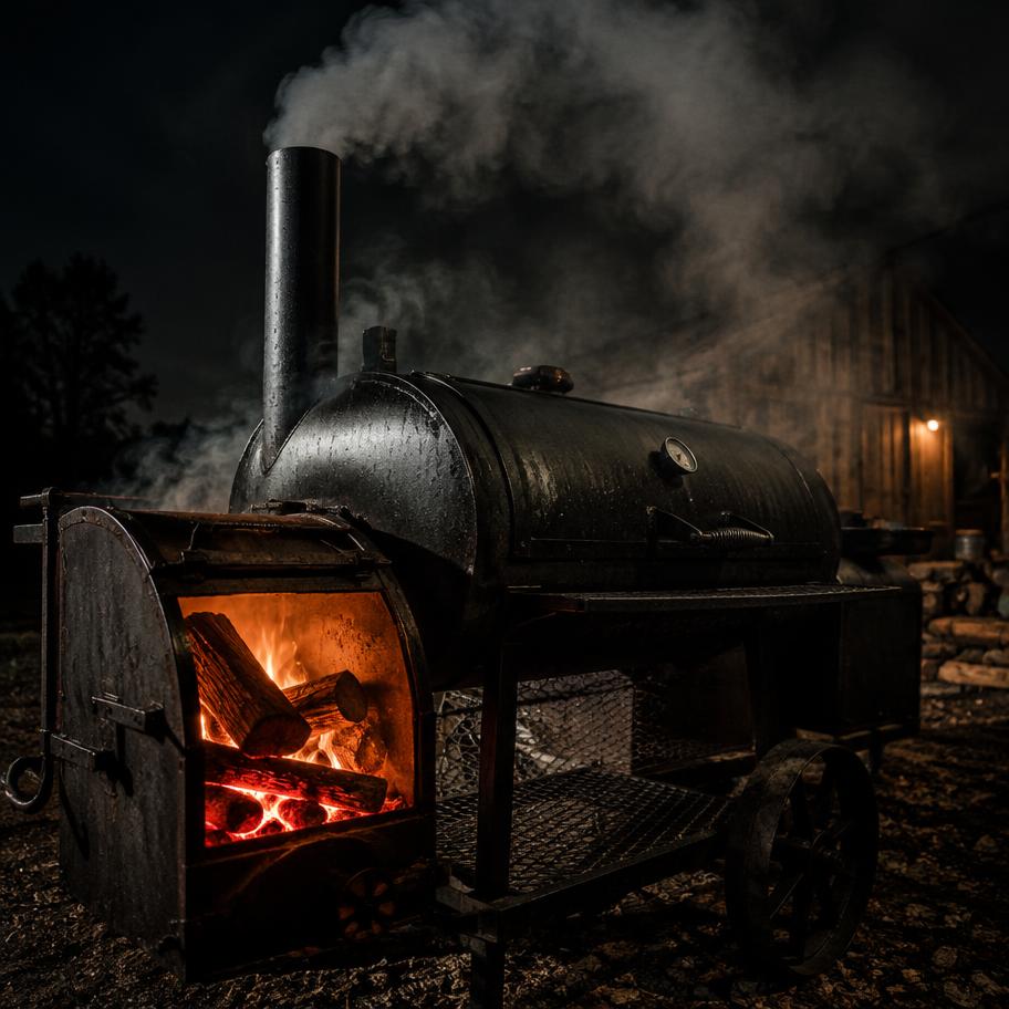Offset smoker with an oak fire burning