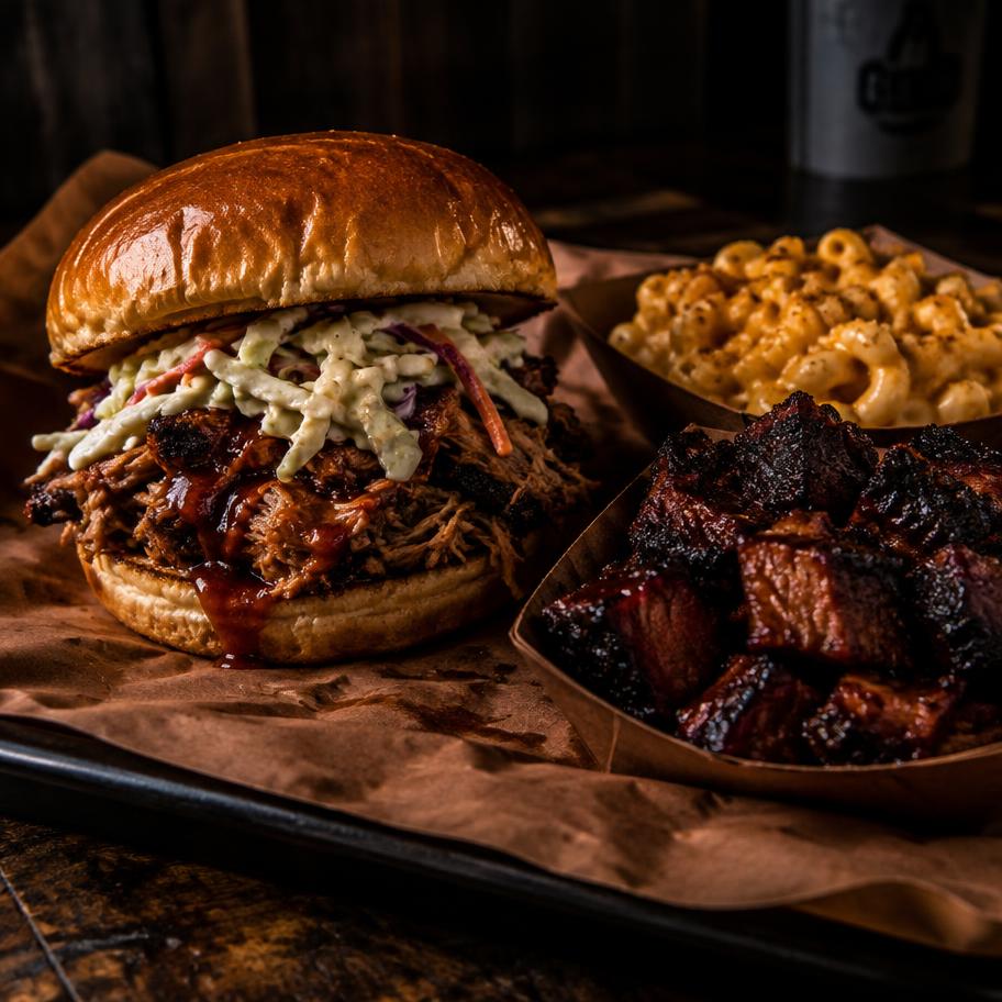 Pulled pork bun, mac and cheese and burnt ends